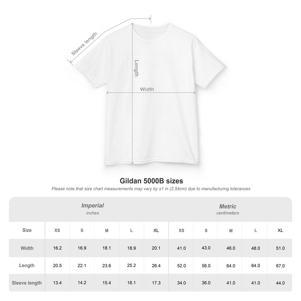 Gildan 5000B t-shirt size chart with measurements on a white background