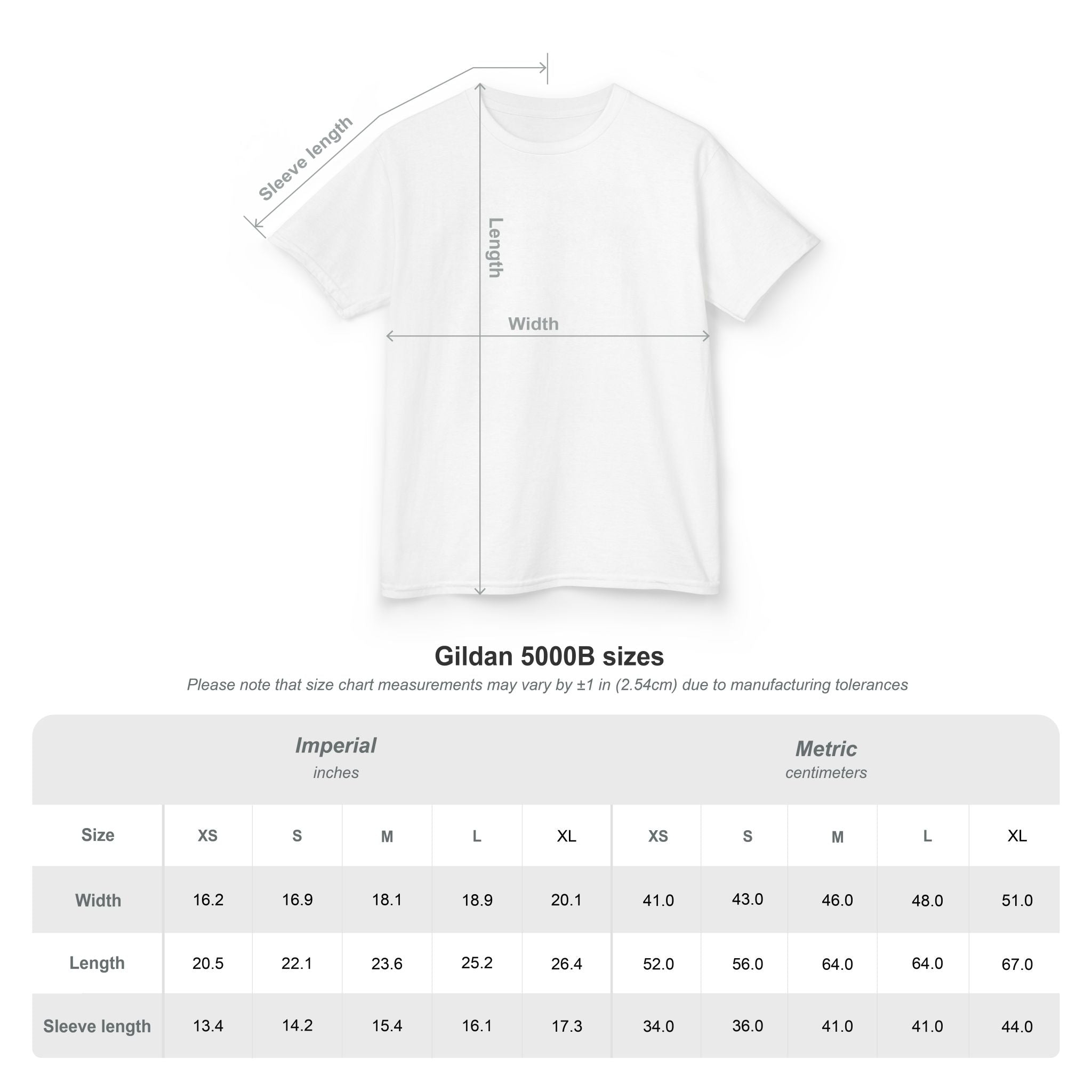 Gildan 5000B t-shirt size chart with measurements on a white background