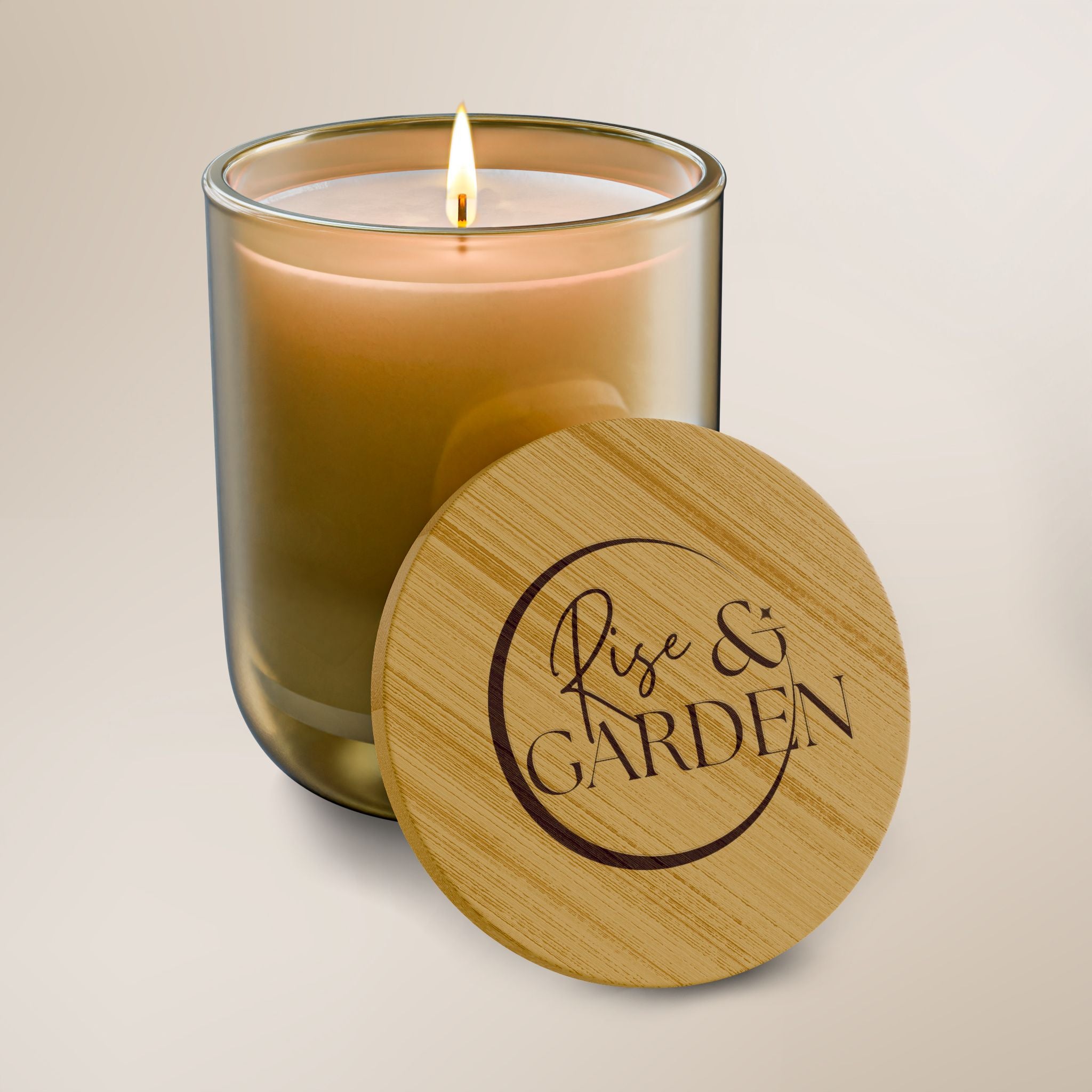 Candle in a glass jar with a wooden lid featuring 'Rise & Garden' on a beige background