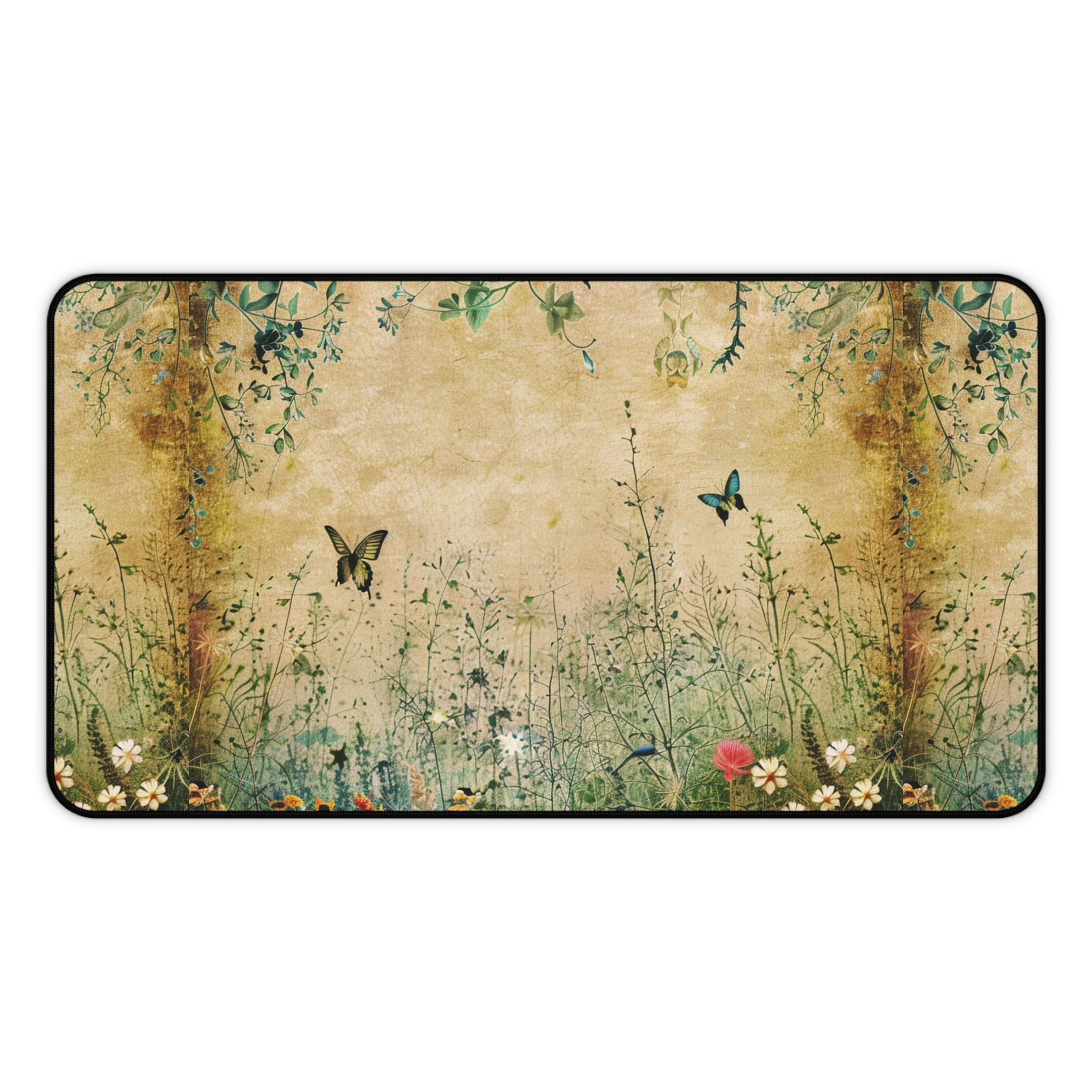 Decorative mat with nature-themed design featuring butterflies and plants on a beige background.