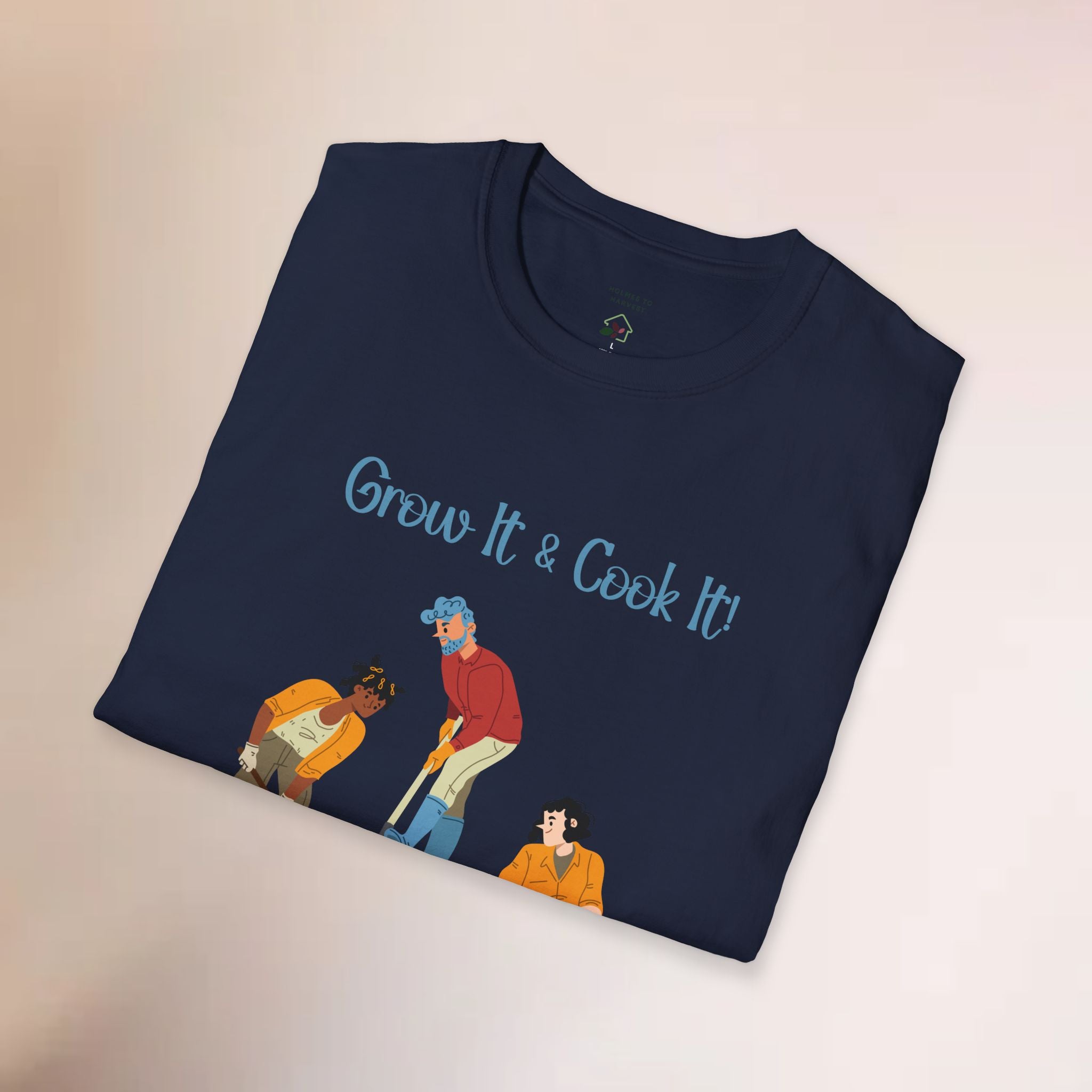 Navy blue t-shirt with 'Grow It & Cook It!' text and illustrations on a beige background