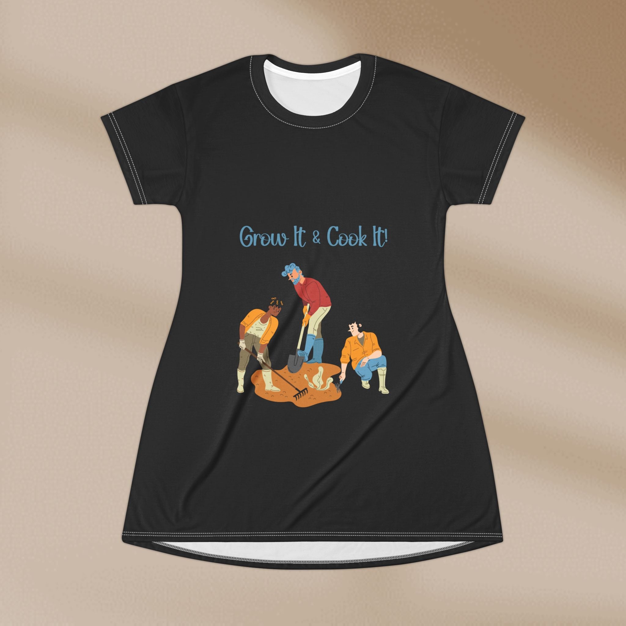 Black t-shirt with a graphic design and text 'Grow It & Cook It' on a beige background