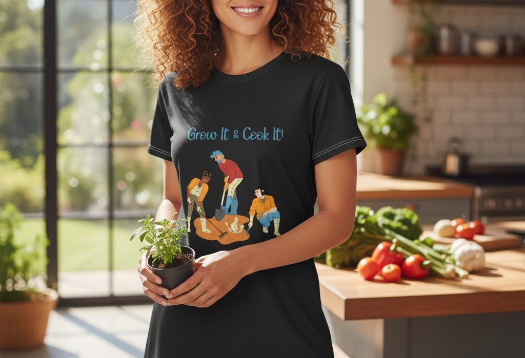 Woman wearing a black t-shirt with a graphic design in a kitchen