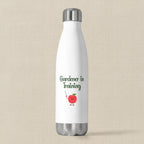 White water bottle with 'Gardener in Training' text and apple graphic on a white background