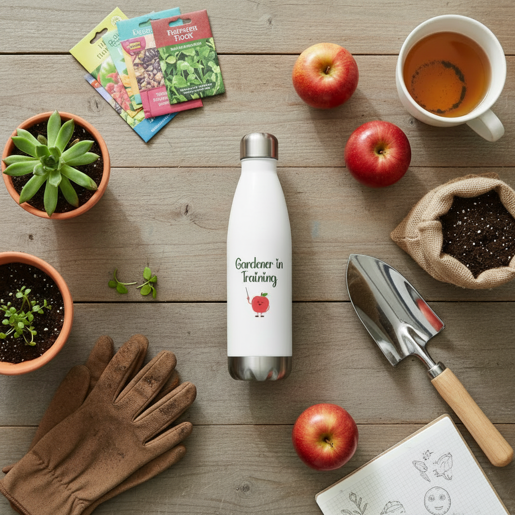 White water bottle with 'Gardener in Training' text and apple graphic on a white background