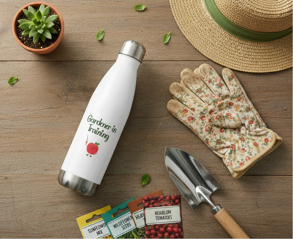 Gardening-themed items including a water bottle, gloves, trowel, and seed packets on a wooden surface.