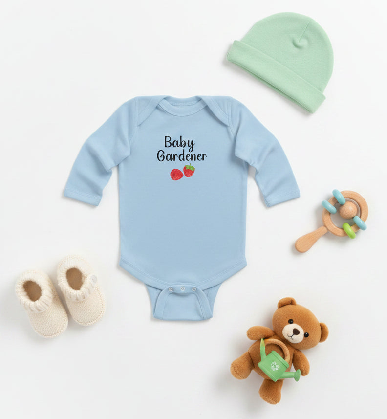 Light blue baby onesie with 'Baby Gardener' text and strawberry graphics on a white background