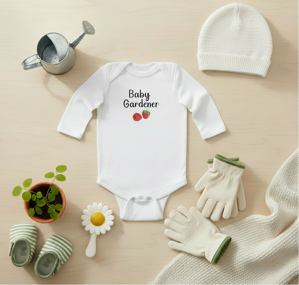 Baby onesie with 'Baby Gardener' text, gloves, hat, shoes, and plant on a beige background