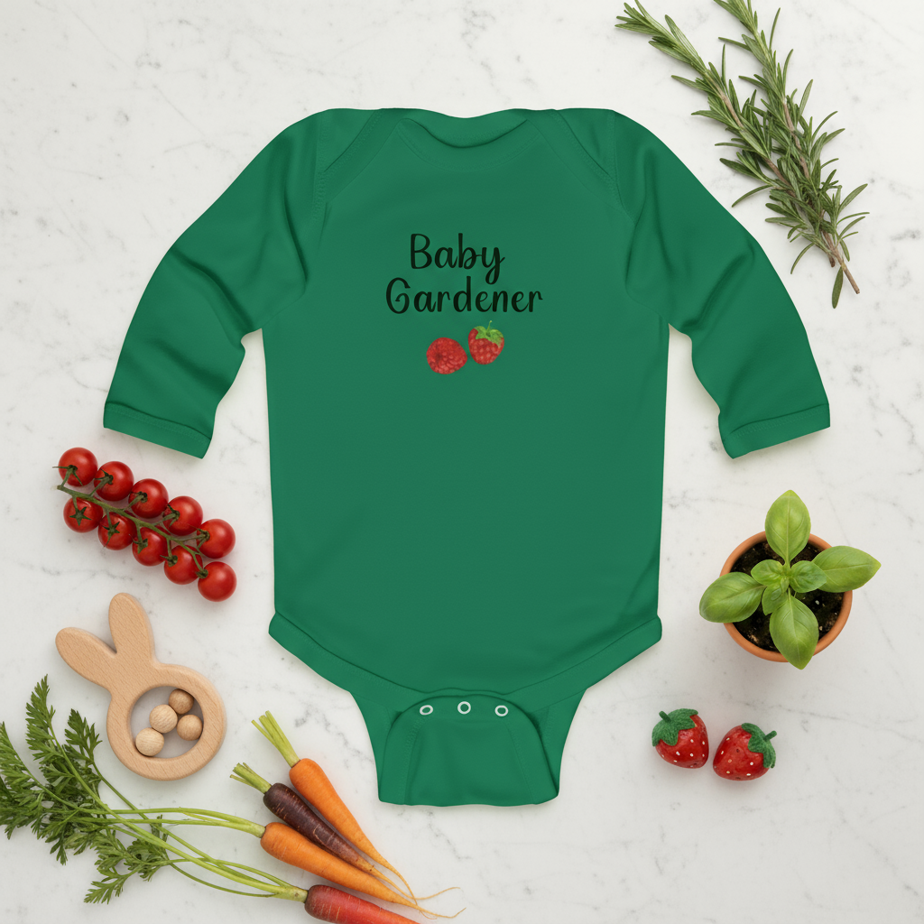 Green baby onesie with 'Baby Gardener' text surrounded by gardening-themed items on a light background