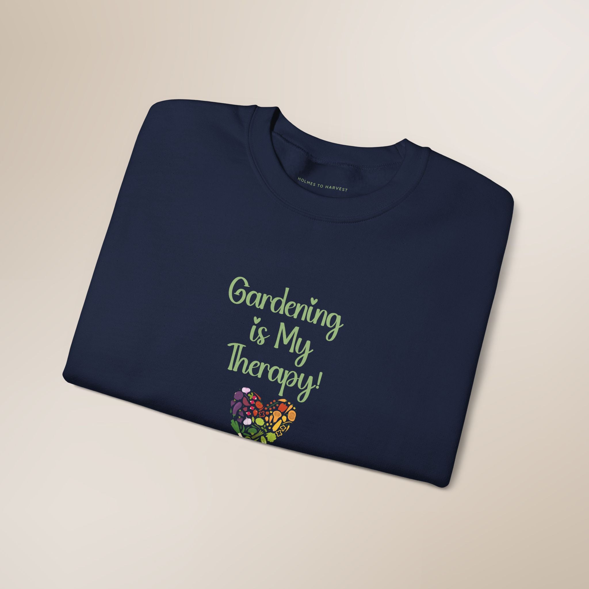 Navy blue t-shirt with 'Gardening is My Therapy!' text and floral design on a beige background