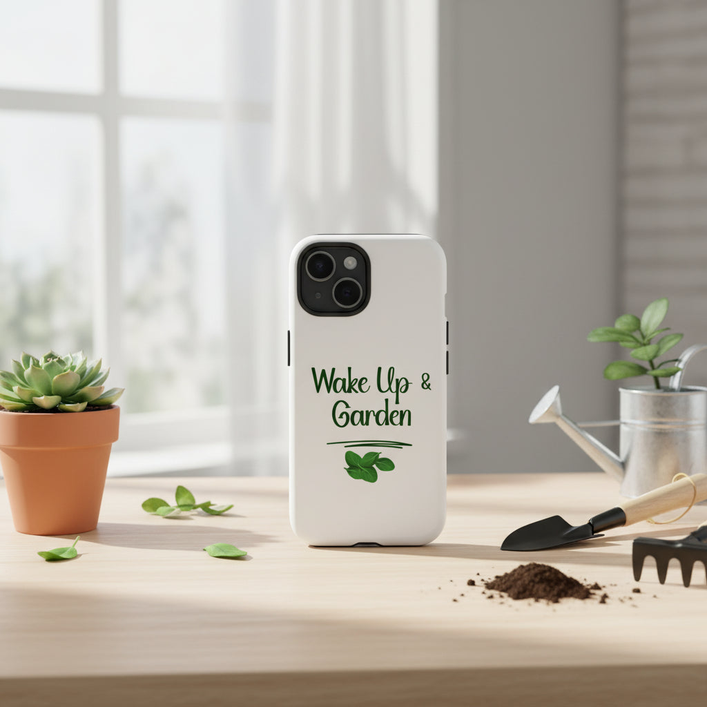 Phone case with 'Wake Up & Garden' text and leaf design on a white background