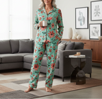 Person wearing a floral pajama set in a living room.