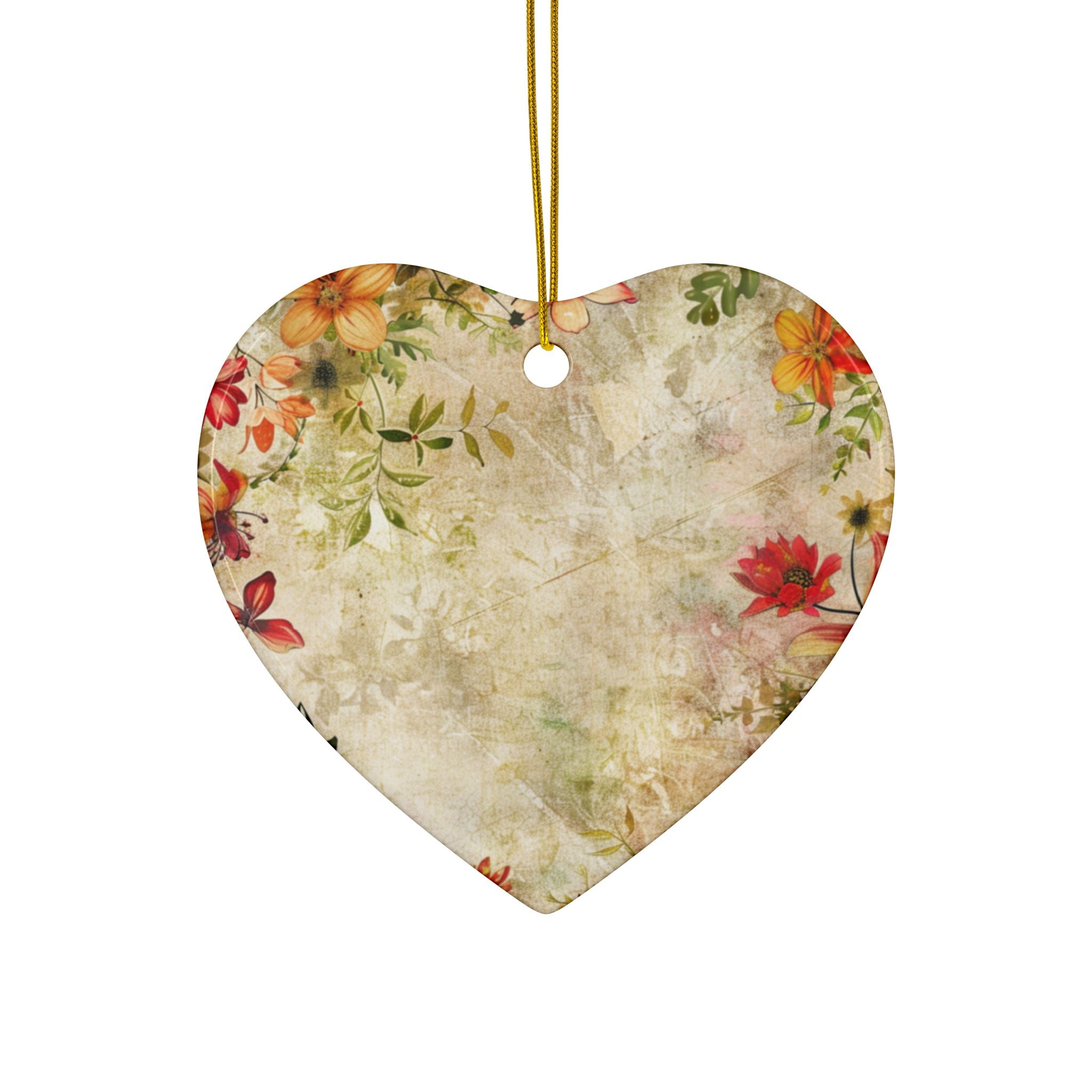 Heart-shaped decorative tag with floral pattern on a white background