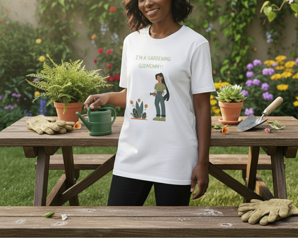 Person wearing a white t-shirt with gardening graphic and text, standing in a garden.