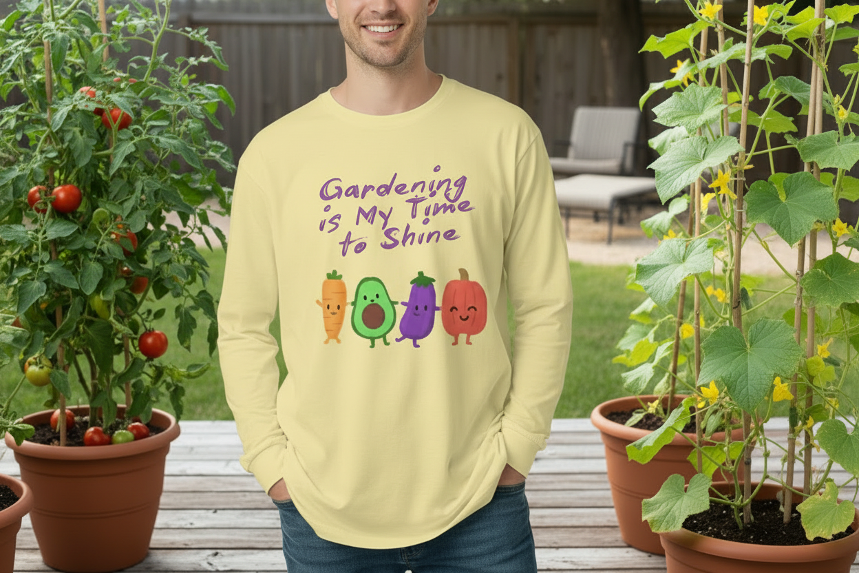Man wearing a yellow sweatshirt with cartoon vegetables and 'Gardening is My Time to Shine' text, standing in a garden.