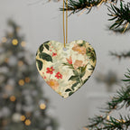 Heart-shaped floral ornament hanging on a branch with a blurred festive background