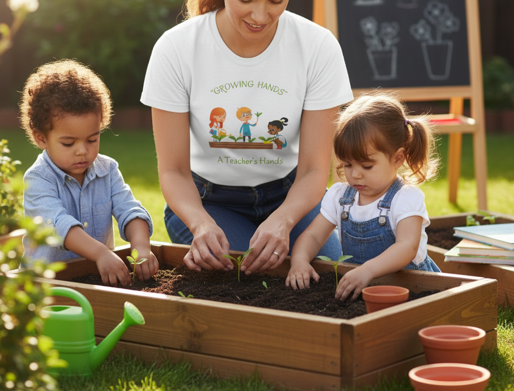 Woman and two children planting in a garden bed with educational materials in the background.