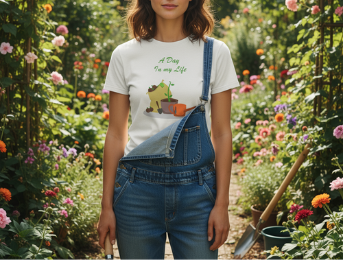 White t-shirt with gardening-themed design and text on a beige background