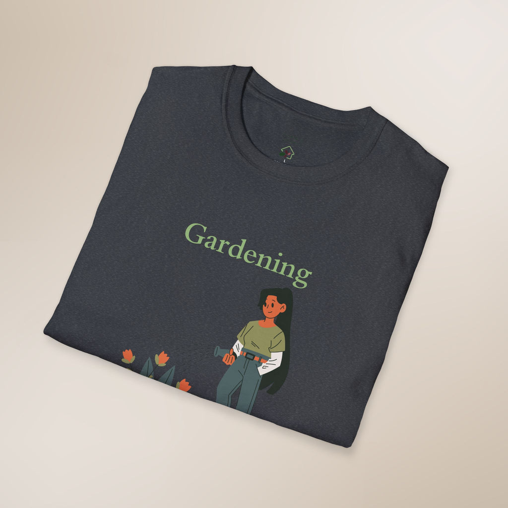 Folded t-shirt with 'Gardening' text and graphic on a beige background