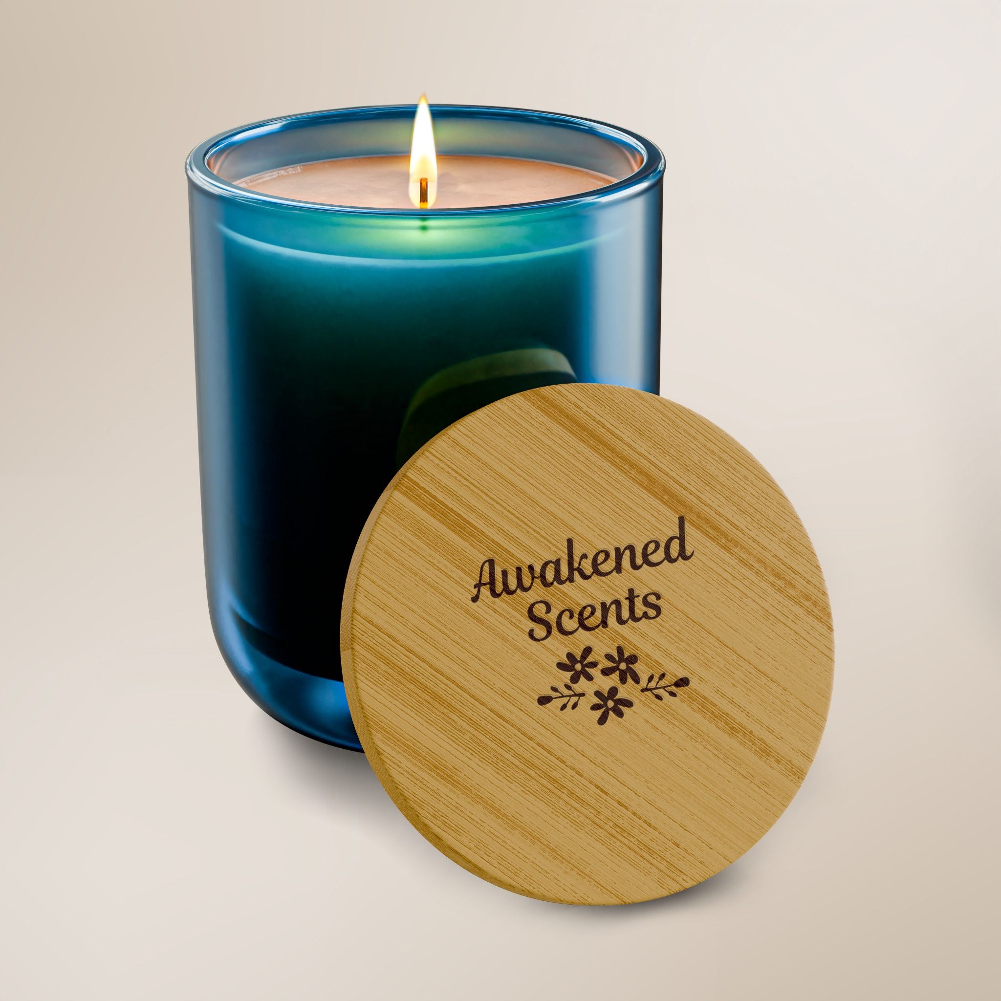 Blue candle with wooden lid labeled 'Garden Escape' on a beige background