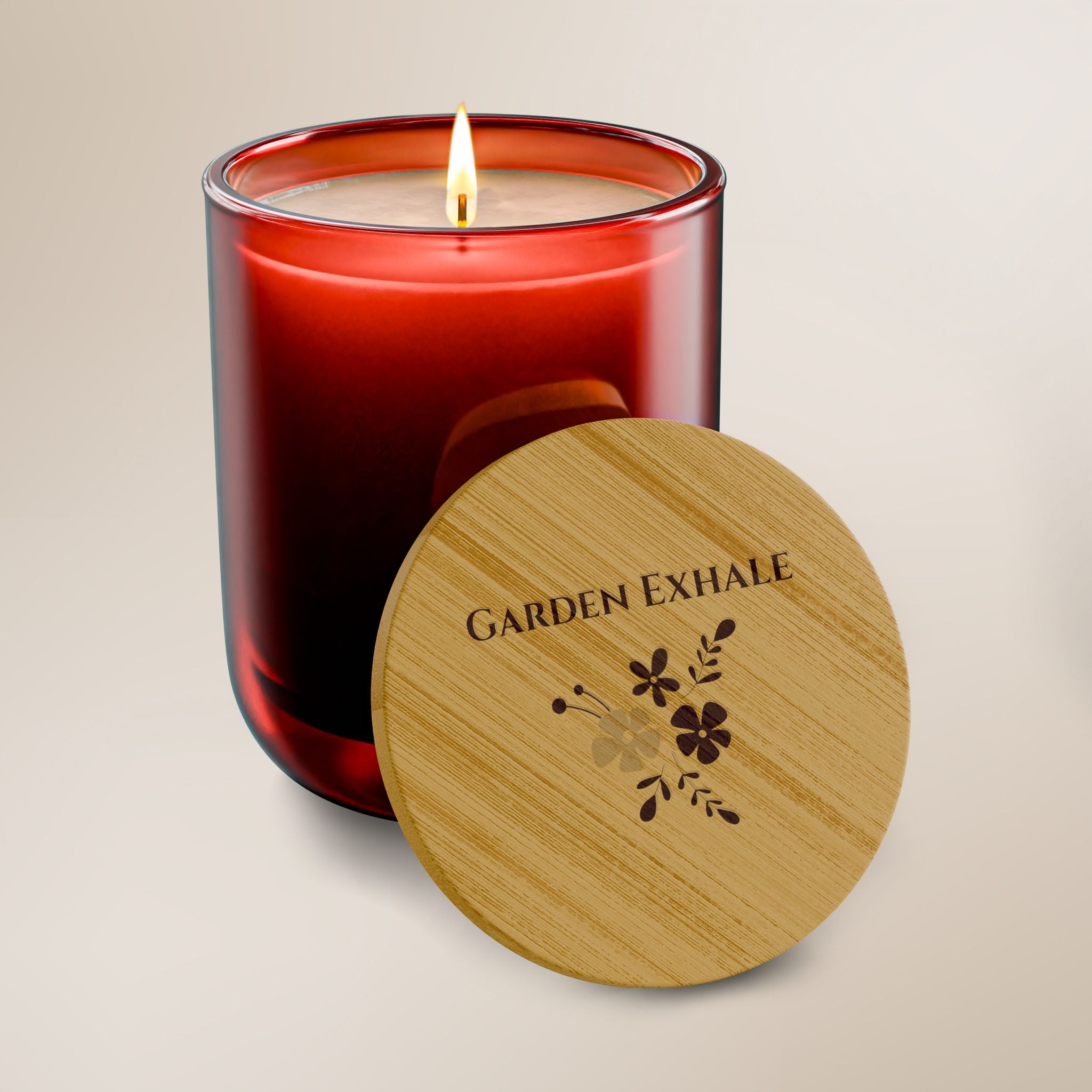 Candle with a wooden lid labeled 'Garden Exhale' on a beige background