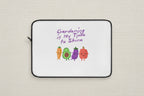 Laptop sleeve with cartoon vegetables and 'Gardening is My Time to Shine' text on a white background
