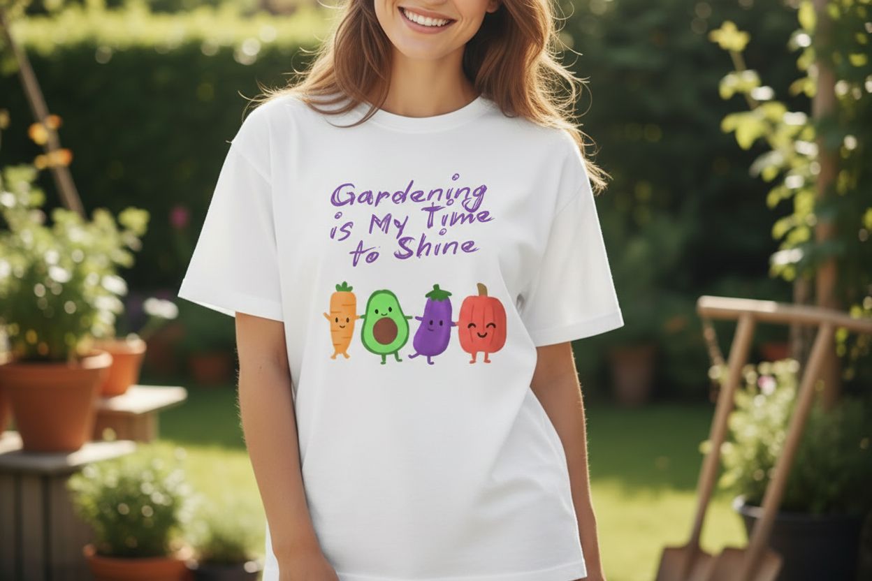 Person wearing a white sweatshirt with colorful vegetables and 'Gardening is My Time to Shine' text in an outdoor garden setting.
