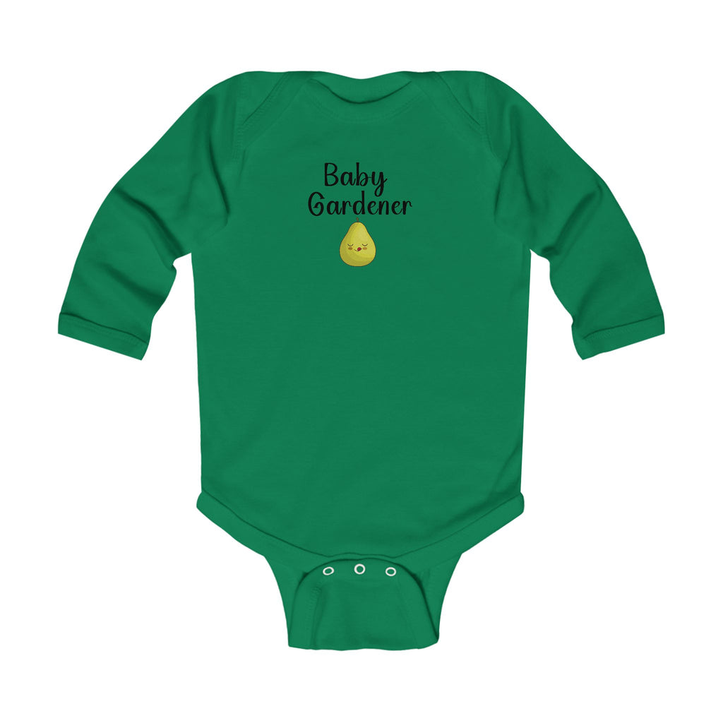 Green baby onesie with 'Baby Gardener' text and a small graphic on a white background