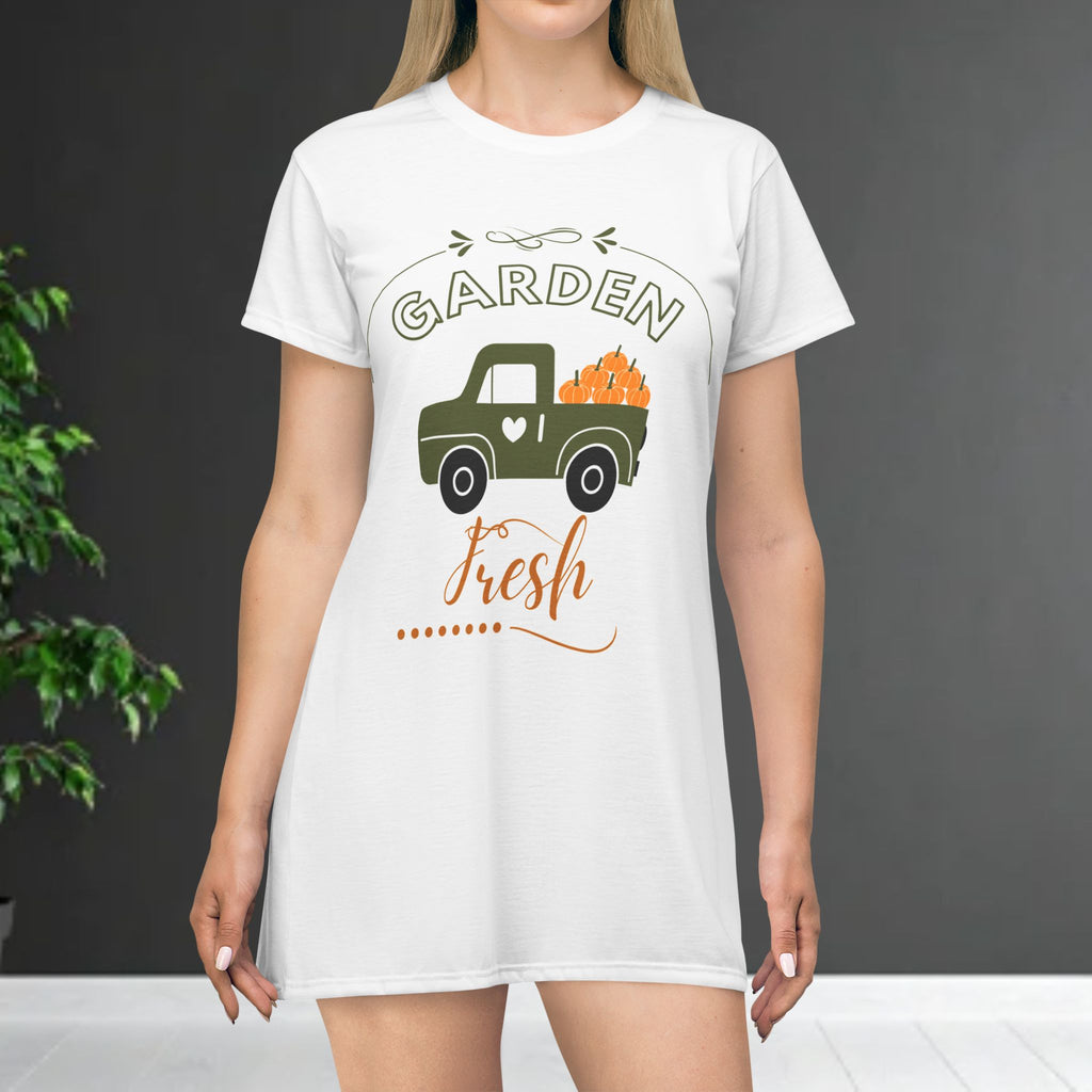 White t-shirt with 'Garden Fresh' graphic featuring a truck and pumpkins on a plain background