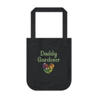 Black tote bag with 'Daddy Gardener' text and heart design on a white background