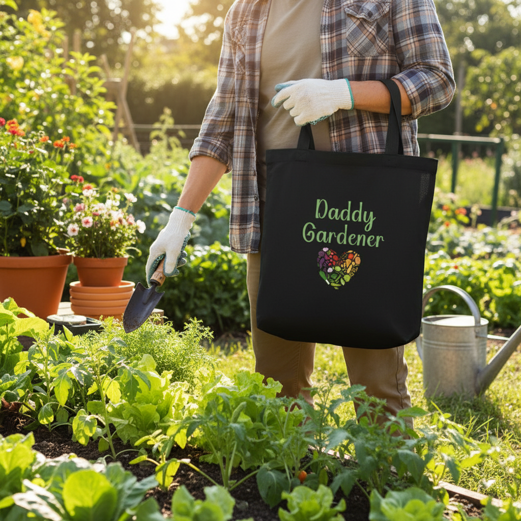 Person holding a tote bag with 'Daddy Gardener' text in a garden setting