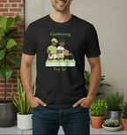 Person wearing a black t-shirt with a gardening graphic and text, standing in front of potted plants.