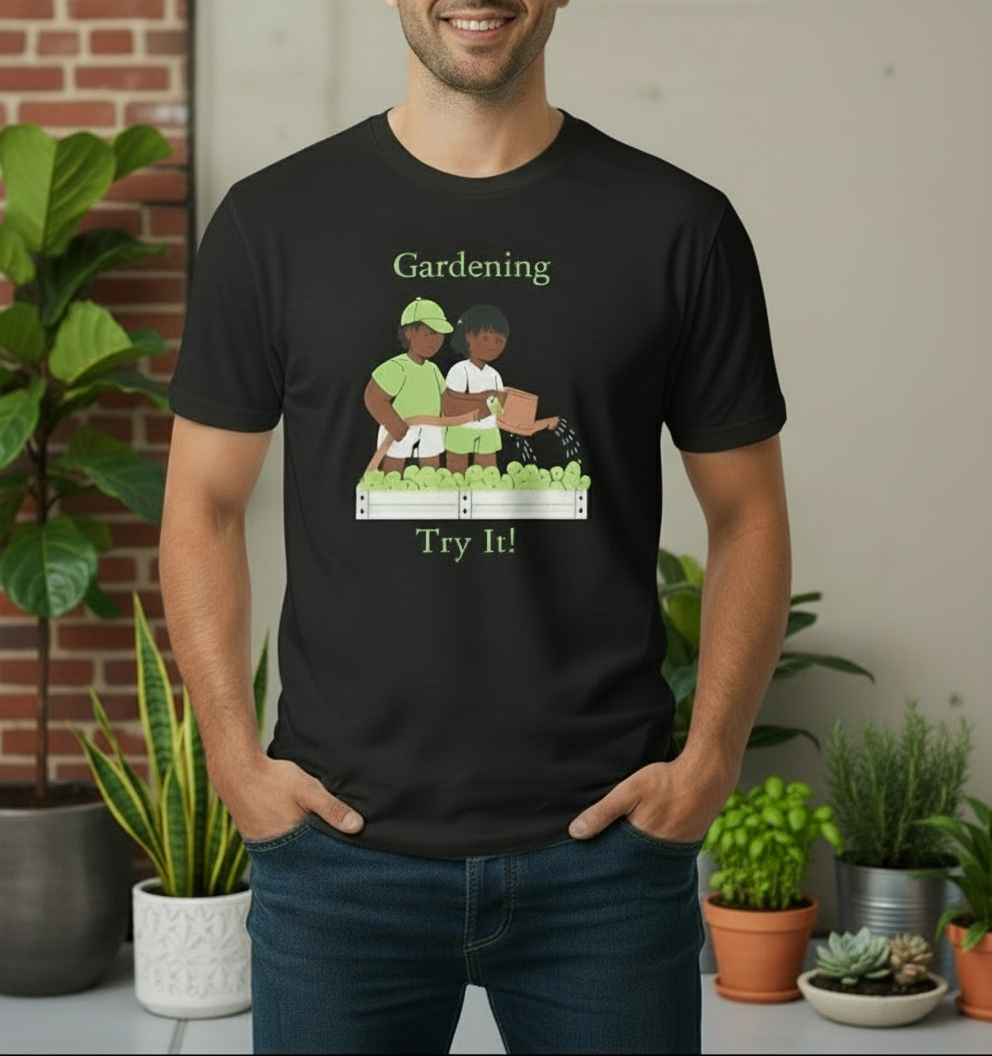 Person wearing a black t-shirt with a gardening graphic and text, standing in front of potted plants.