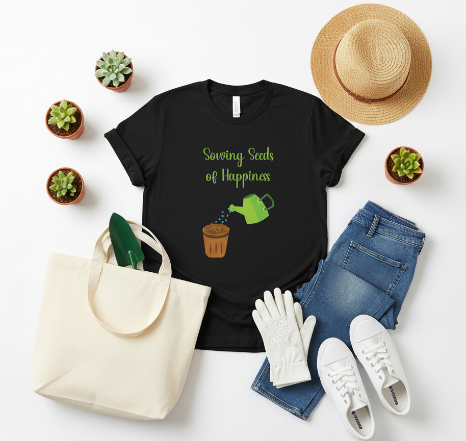 Black t-shirt with 'Sowing Seeds of Happiness' design, surrounded by gardening accessories on a white background.