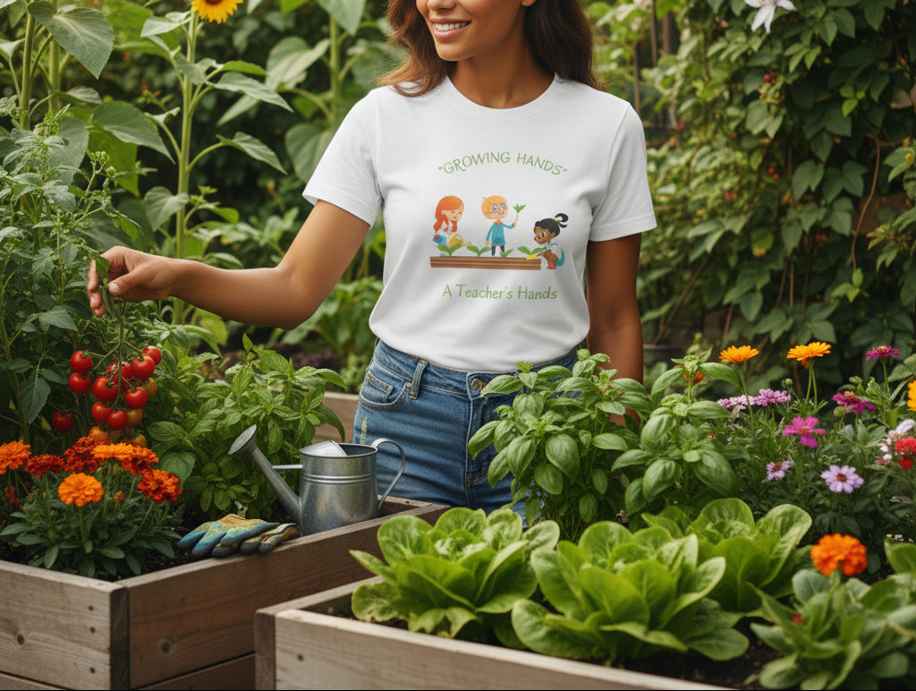 Beige t-shirt with children gardening graphic and text on a beige background