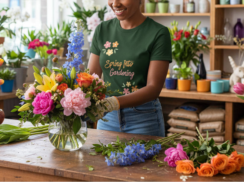 Person in a floral-themed shirt working with flowers in a garden center.