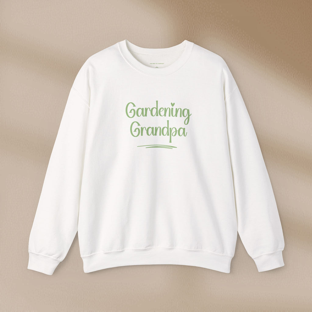 White sweatshirt with 'Gardening Grandpa' text on a beige background