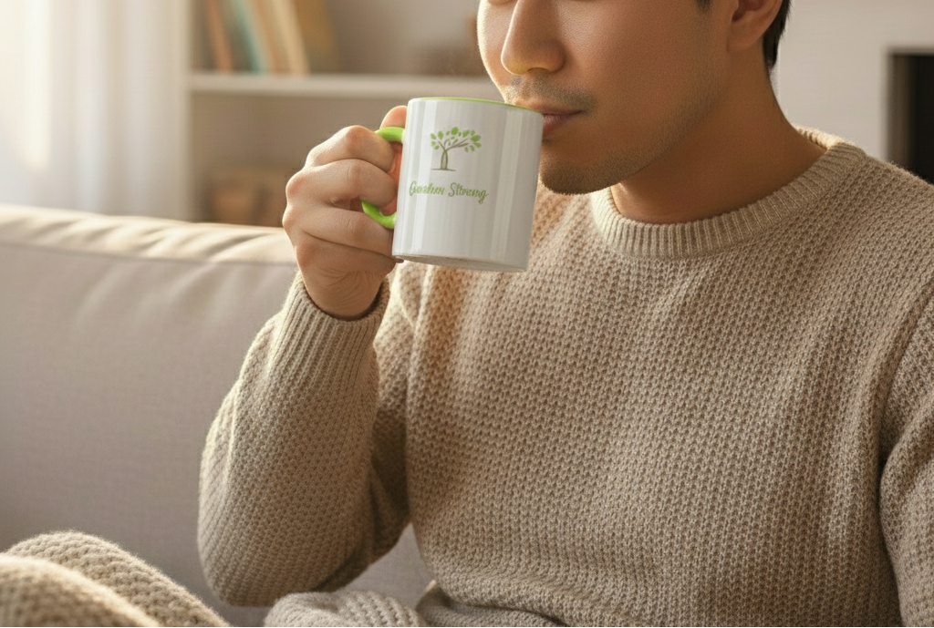 Man in a beige sweater holding a mug with a logo, sitting on a couch.