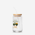 Glass tumbler with straw and wooden lid featuring a truck and 'Garden Fresh' text on a white background.