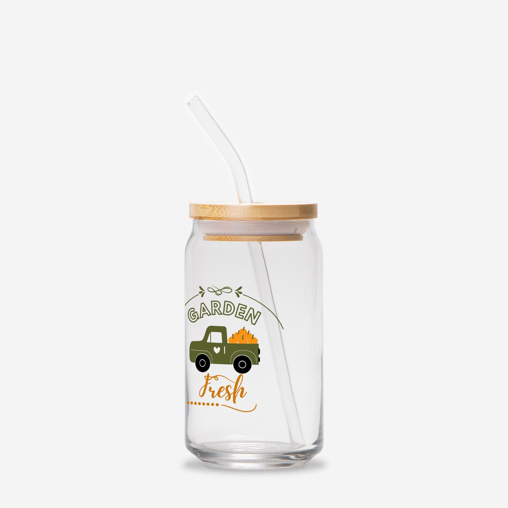 Glass tumbler with straw and wooden lid featuring a truck and 'Garden Fresh' text on a white background.