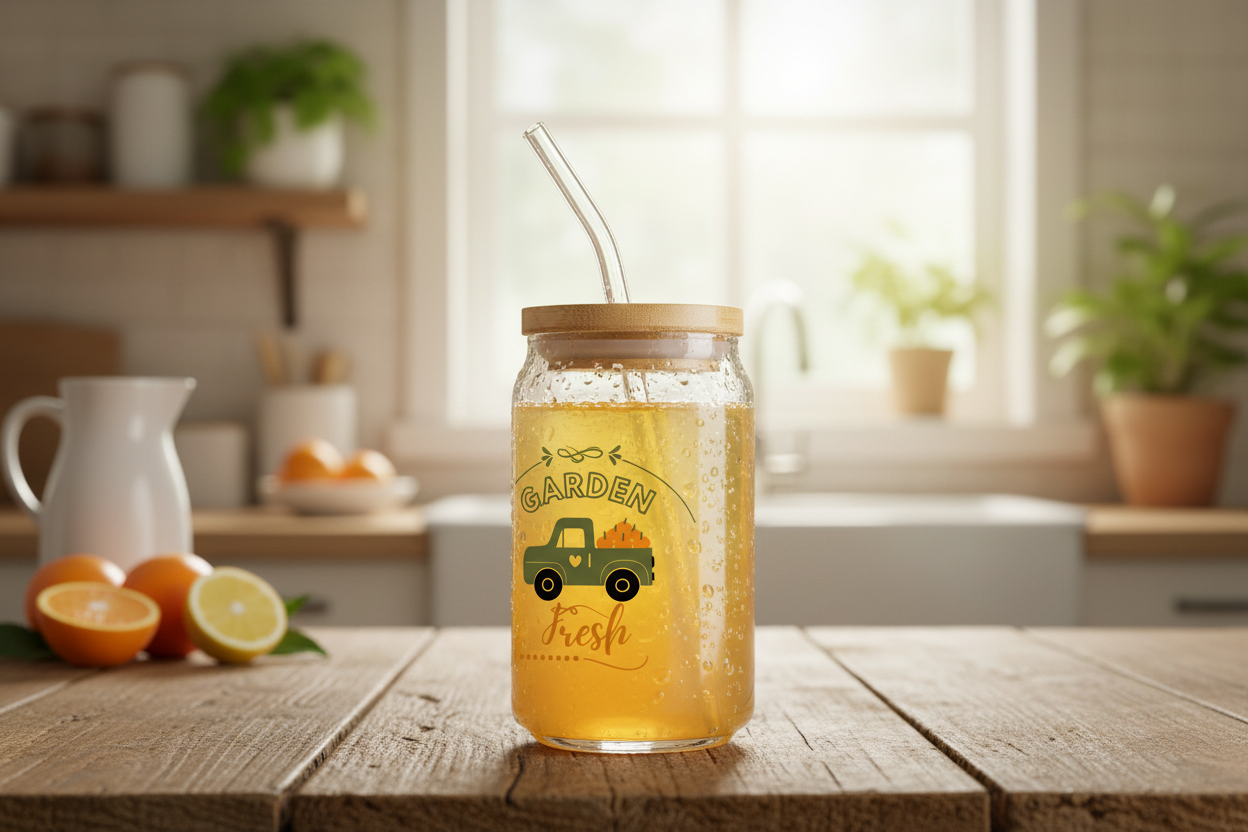 Jar of iced tea with a straw on a wooden table in a kitchen setting