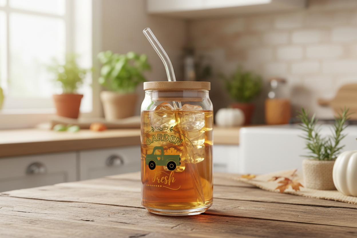 Glass jar with straw on a kitchen counter, containing iced tea.