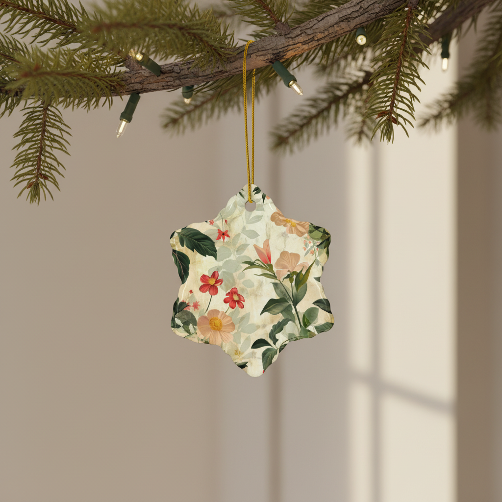 Decorative floral ornament hanging on a Christmas tree branch.