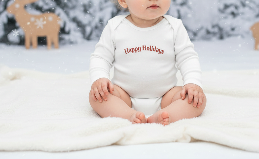 Baby wearing a 'Happy Holidays' onesie sitting on a white blanket with a snowy background.
