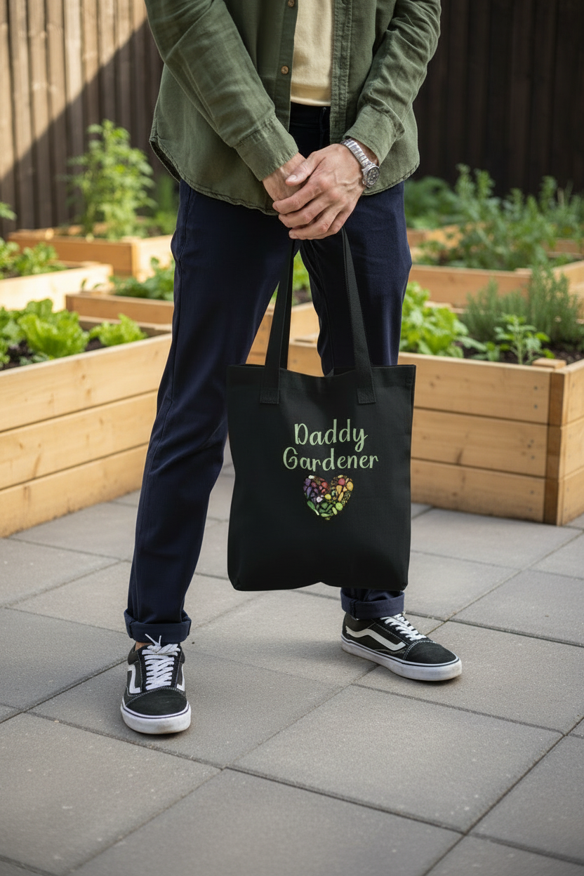 Person holding a black tote bag with 'Daddy Gardener' text in an outdoor setting.
