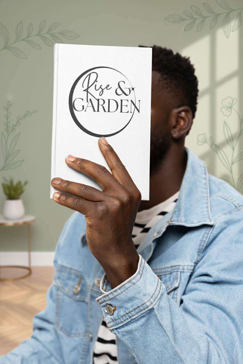 Person holding a book titled 'Rise & Garden' with a homey interior background