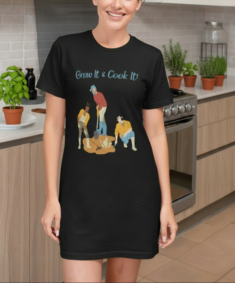 Person wearing a black t-shirt with a graphic design in a kitchen setting