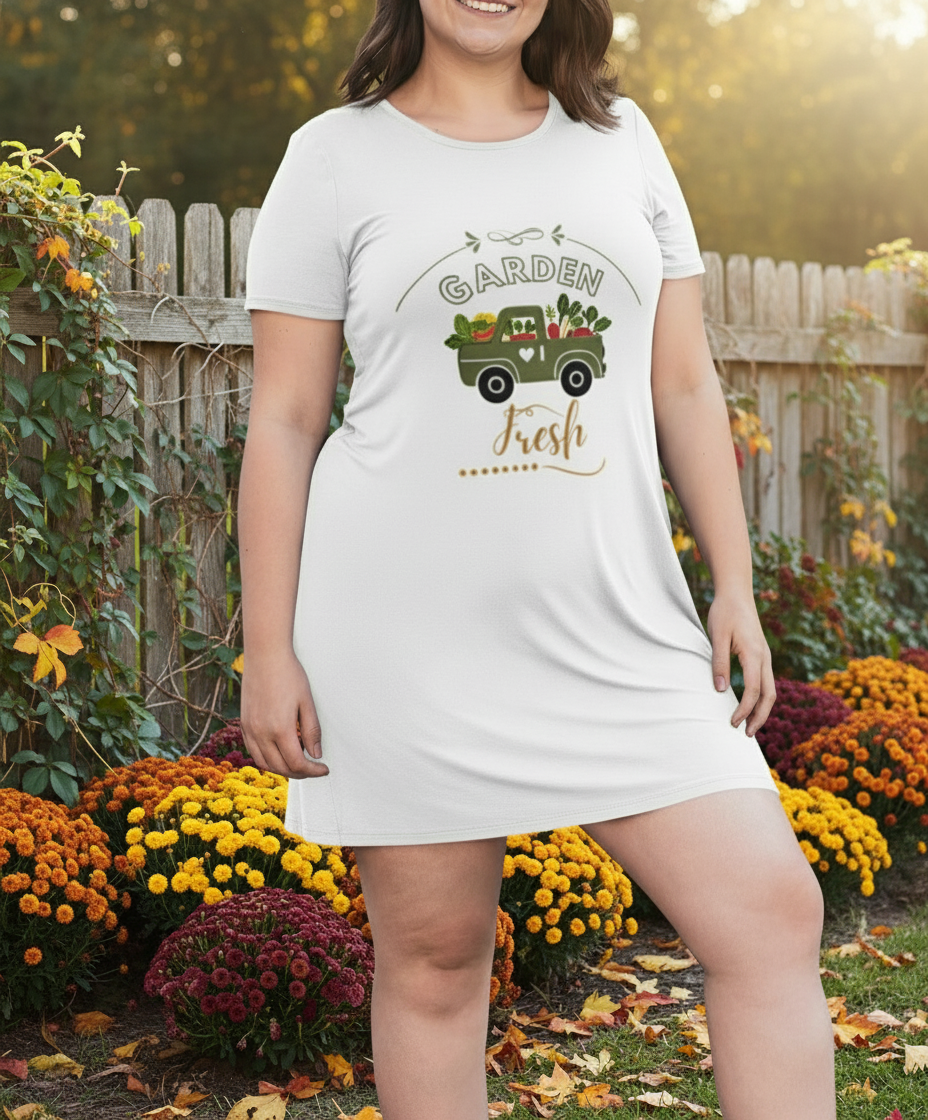 Woman wearing a white dress with a graphic design outdoors