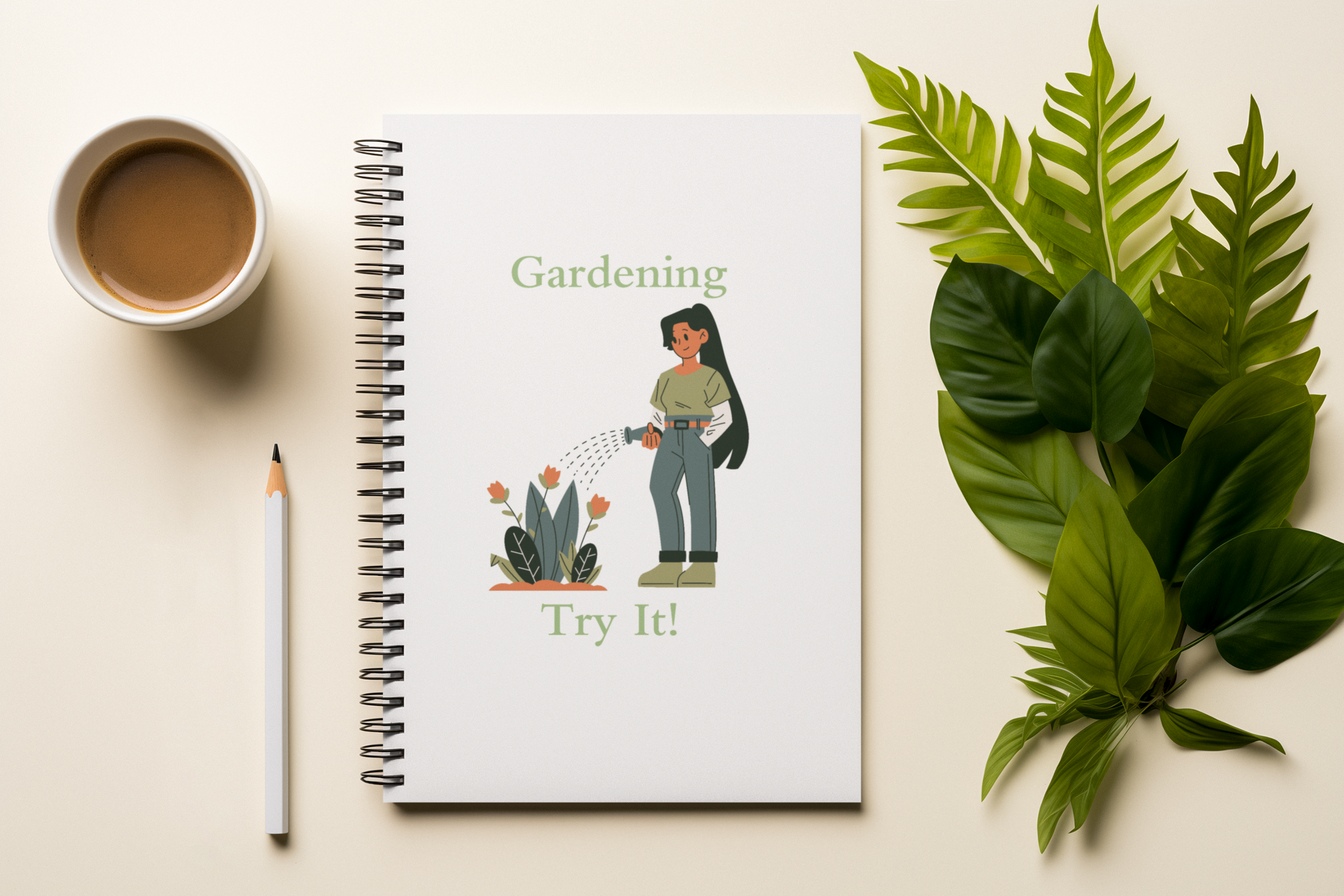 Notebook with gardening illustration and text, cup of coffee, pencil, and leaves on a light background