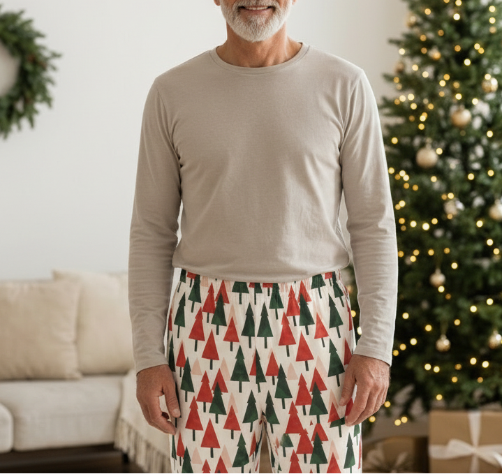 A man wearing a beige long-sleeve shirt and Christmas-themed patterned pajama pants featuring a red and green pine tree design on a white background, standing in a cozy living room with a decorated Christmas tree and wrapped gifts.
